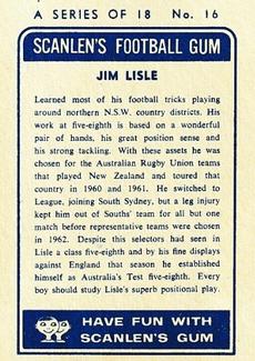 1963 Scanlens NRL #16 Jimmy Lisle Back
